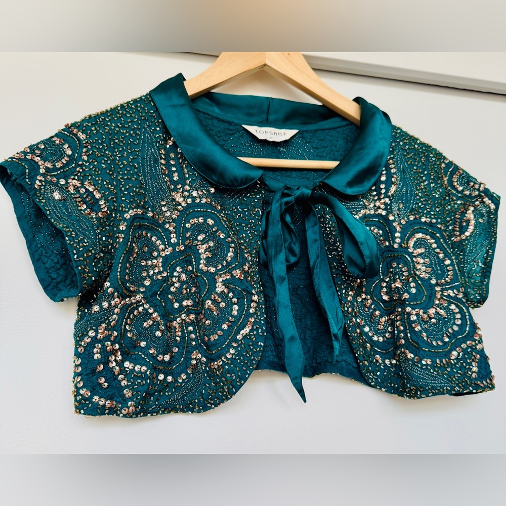 Topshop Teal Sequin Floral Crop Top - Picture 4 of 7